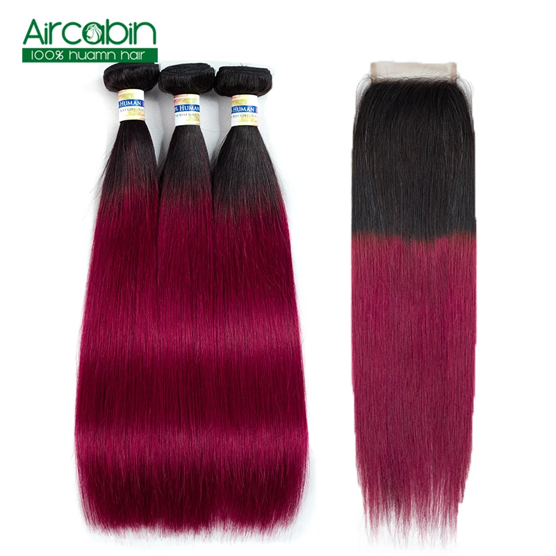 

Pre-Colored Ombre Straight Hair Bundles with Closure 1B/Bug Brazilian Straight Hair with Closure AirCabin Non Remy Extensions