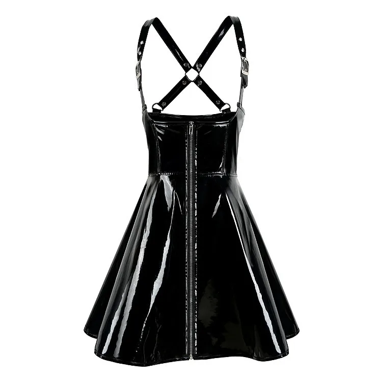 

Women Mini Dresses Casual Black Sexy Summer PU Bodycon Spaghetti Strap Dress Female Short Dress