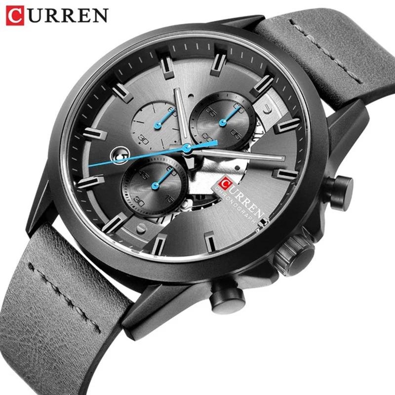 

Men's Sports Watch with Chronograph CURREN 2019 Leather Strap Watches Fashion Quartz Wristwatch Business Calendar Clock Male