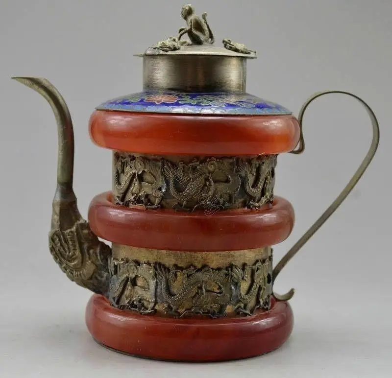 Free Shipping Old Tibet Silver Red Jade Carving Dragon Monkey Teapot