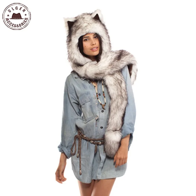 

Faux Fur Warm Winter scarves for women Animal Wolf Tiger Hood Scarf Hat Glove Set Ladies Girls Spirit Caps