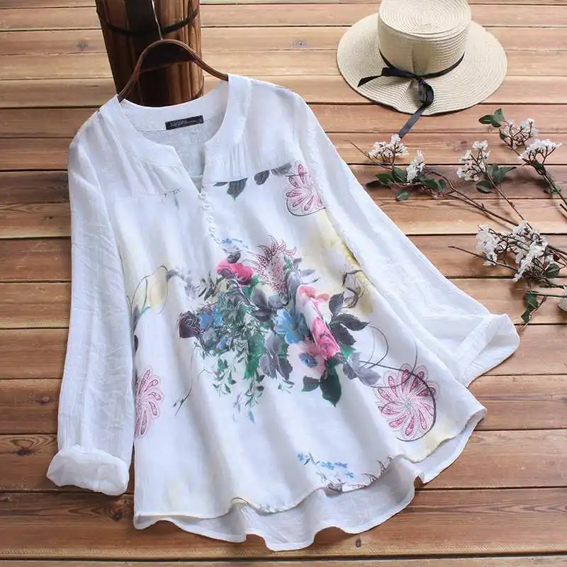 ZANZEA Elegant Printed Shirt Women's Autumn Blouse Vintage Floral Casual Blusas Female Long Sleeve Shirts Plus Size Blusas