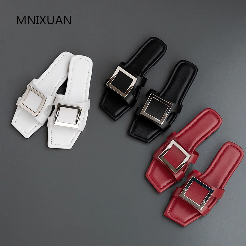 

MNIXUAN Comfortable outside women slippers shoes flats 2019 new summer sheepskin open toe buckle casual beach shoes solid slides