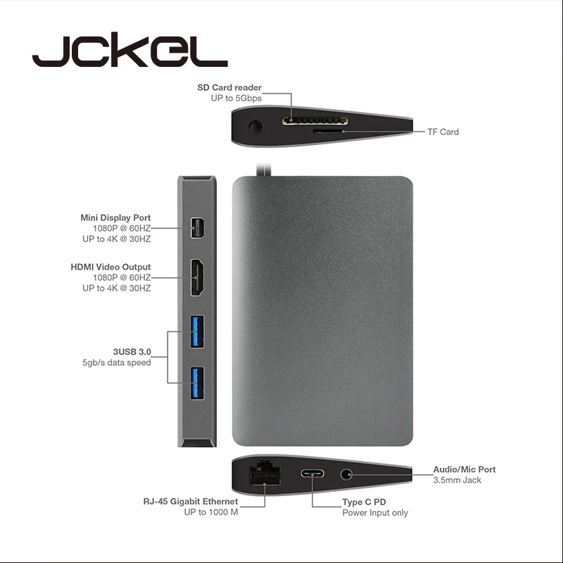 

JCKEL Mini Displayport Video USB C Hub For MacBook Samsung S9/S8 Mini USB Type C HDMI 4K Hub Adapter PD Ethernet Lan Mic Jack