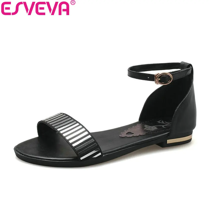 ESVEVA 2018 Women Sandals Buckle Cow Leather Western Style PU Gold Sandals Low Heel Summer 