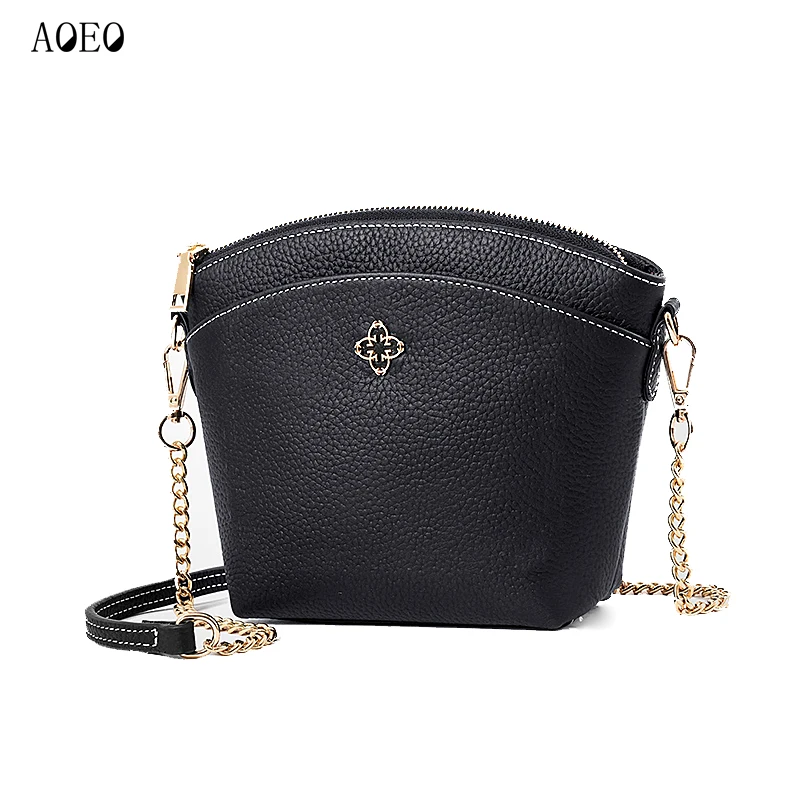 

AOEO Shoulder Bags For Women Genuine Leather Cow Hand Bag Chain Fashion Black Ladies Girl Messenger Bag Female Dropshipping