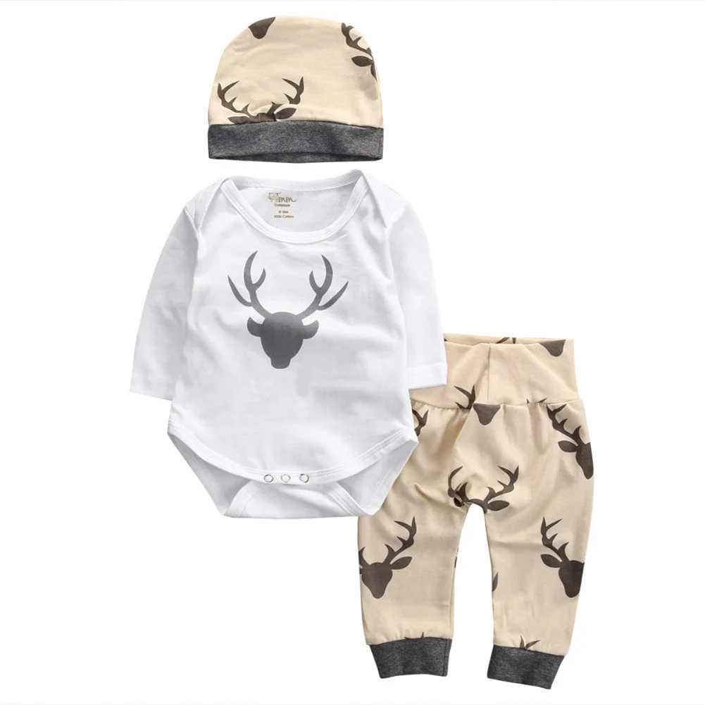 

Baby Clothes Set Deer Print Overall White Girl Boy Rompers Winter Warm Long Pants With Hat Newborn First Christmas Clothing