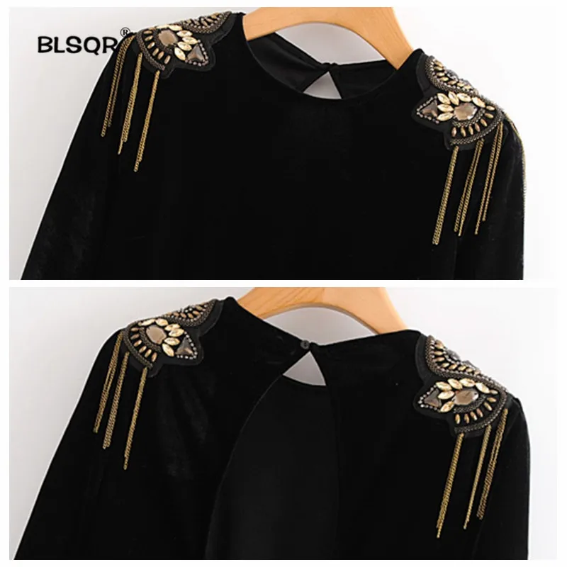 النساء الأسود المخملية داخلية سلاسل فو الماس عودة قطع طويل كم Playsuits الإناث خمر قمم Blusas