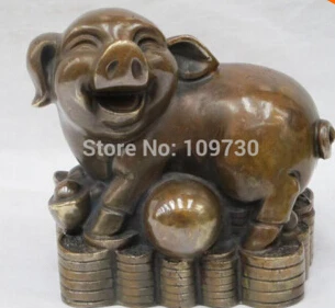 

free shipping 5"Chinese Feng shui Good luckly Bronze FOO PIG stand on Money wired statue