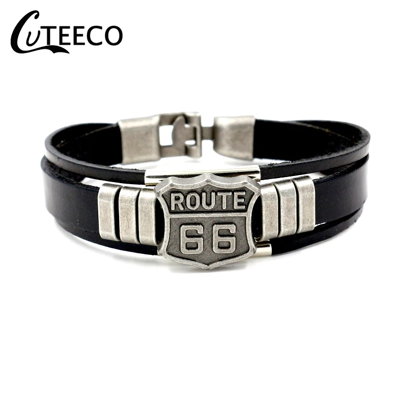 CUTEECO винтажный Панк мужской Route 66 знак кожаный браслет черные браслеты манжеты и