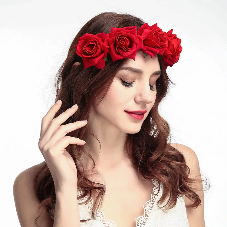 Boho Women/Girls Wedding Red Rose Flower Crown Bride Wreath Floral Garlands Bridal Headwear Bridesmaid Headband Hair Accessories