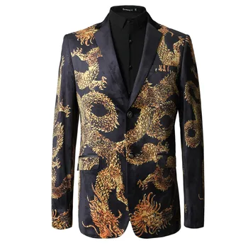 

Men's Chinese Style Dragon Print Slim Fit Blazers Jacket Nightclub Retro Coats Jacekts Two Buttons