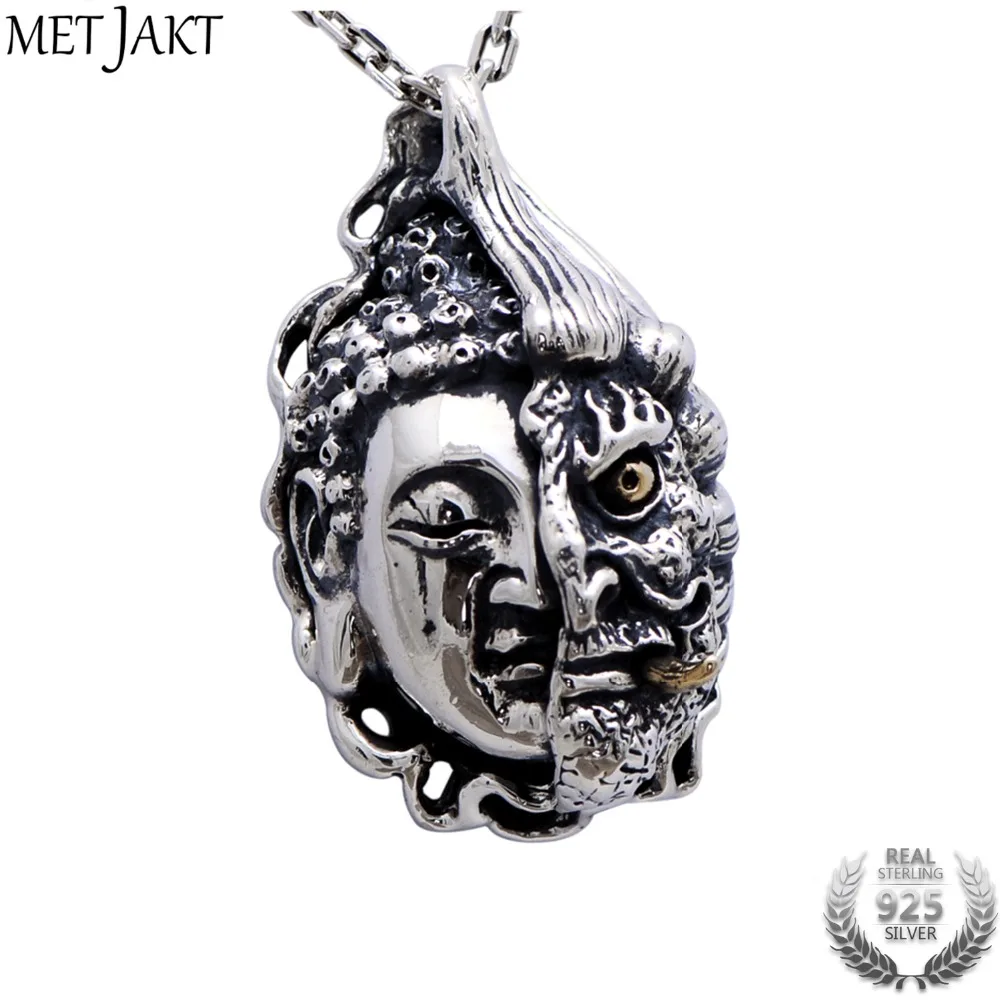 

MetJakt Buddha and Devil Silver Pendant and 925 Sterling Silver Necklace Men's Punk Personality Jewelry