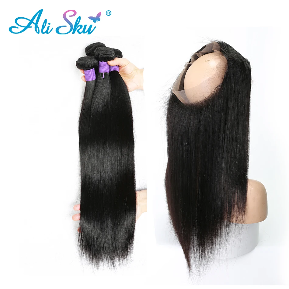 Brazilian Straight Hair 360 Lace Frontal Closure With Bundles Human Hair 3 Bundles With Closure Ali sky Frontal Nonremy 4 PCS
