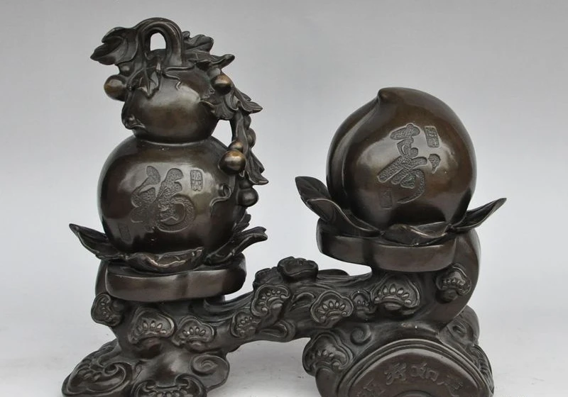 

12" chinese bronze Gourd Calabash Cucurbit Peach wealth ruyi auspicious statue