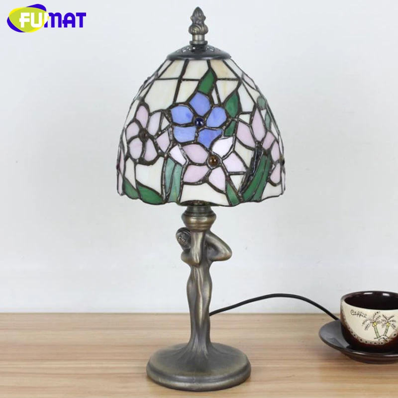 FUMAT Tiffany Stained Glass Desk Lamps Girls Gift Grape Rose Dragonfly Pearl Morning Glory Pattern Table Night Lights  27.