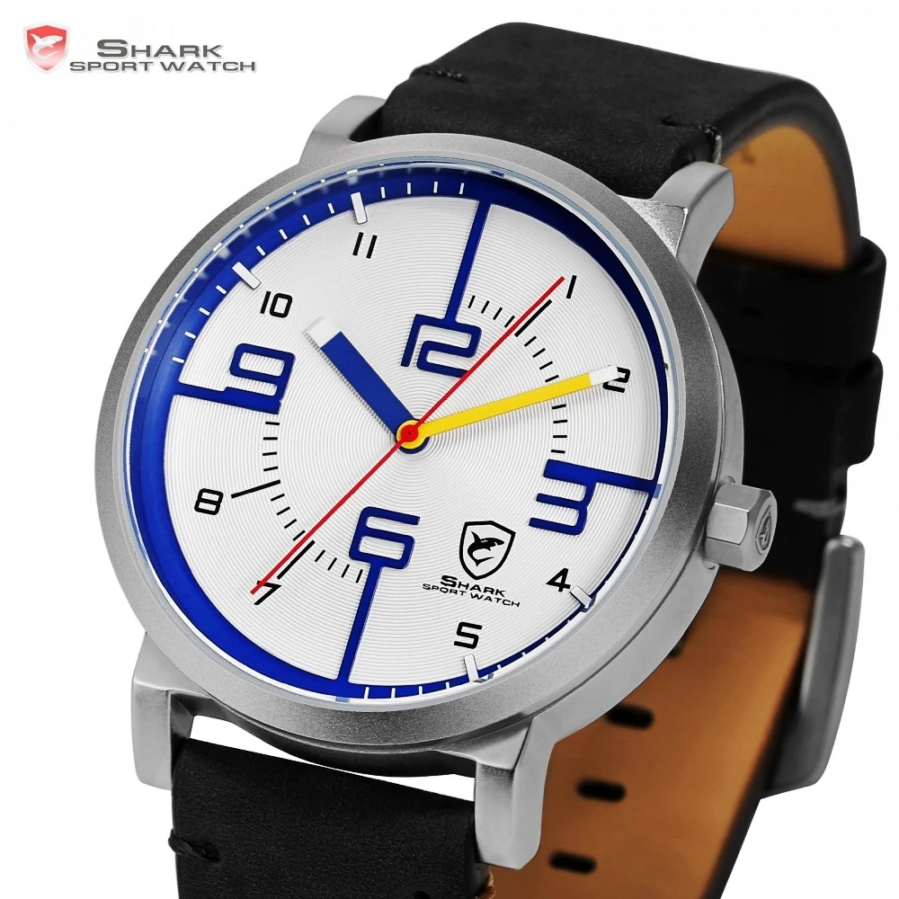 Bahamas Saw SHARK Sport Watch Top Brand Designer White Blue Simple Dial Men Crazy Horse Black Leather Band Quartz Watches /SH570
