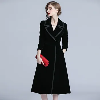 

Women's Windbreaker Spring Autumn New Women's Fashion Simple Atmosphere Coat Long Black Velvet Trench Coat
