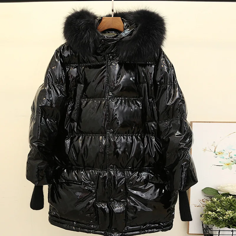 Fashion Bright Down Jacket Big Fur Collar Thicken Long Winter Warm Parka Coat Down Jacket Female Snow Winter Clothes