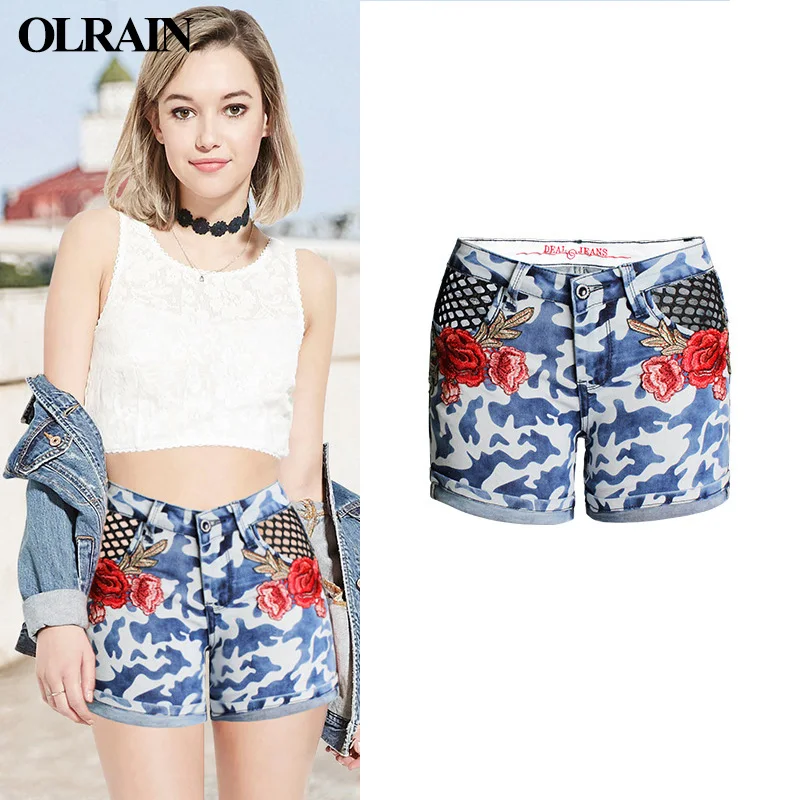 

Olrain Summer Fashion Sexy Womens Jeans Camouflage Net Embroidery Skinny Mid Waist Hollow Out Denim Shorts Plus Size