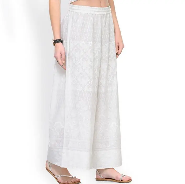 New Cotton India Traditional Woman Broad-legged Trousers Ethnic Style Spring Summer White Print Bottom Pants