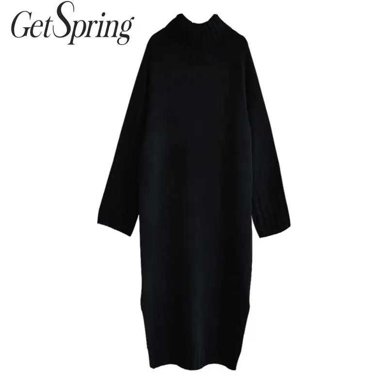 

GETSPRING Women Sweater Turtleneck Split Long Sleeve Long Pullovers Sweater 2019 Autumn Black Red Khaki Long Knitted Sweaters