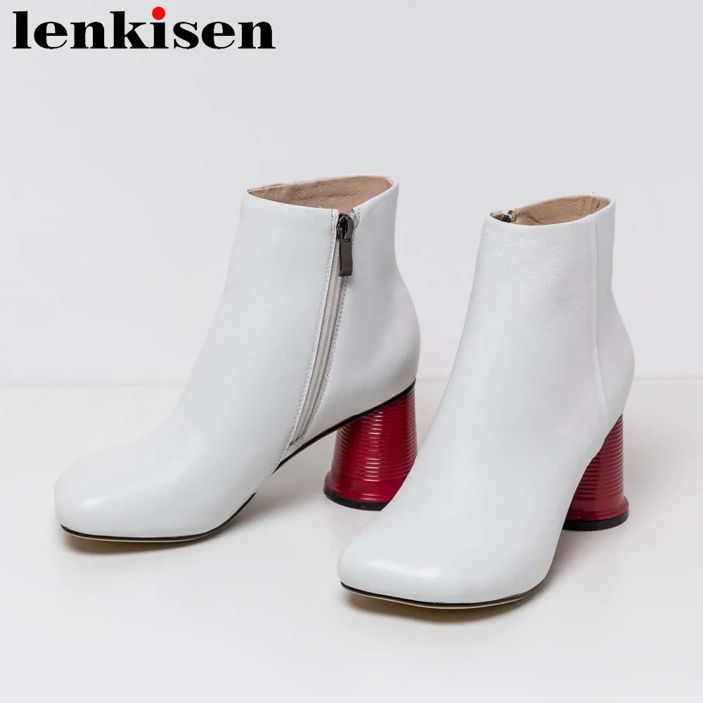 

Lenkisen fashion brand cow leather novelty design square toe high thick heels art design chelsea boots zipper ankle boots L18