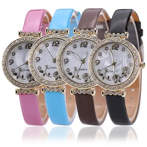 

Women's Flower Rhinestone Watch Fine Faux Leather Strap Quartz Gift Wristwatch Bracelet