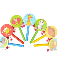 Детские погремушки животные мультфильм Деревянный ручной барабан с колокольчиками детские развивающие игрушки для детей подарки подарок Случайная