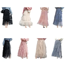 Для женщин длинные Многослойная юбка для девочек Однотонные Многослойные Высокая талия со складками