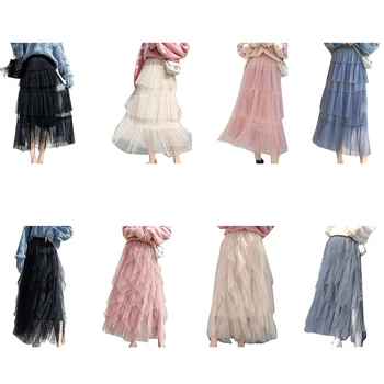 

Women Long Cake Skirt Girl Solid Multi Layers High Waist Pleated