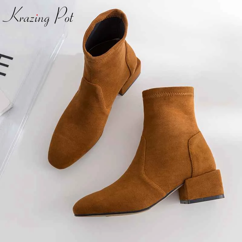 

Krazing Pot 2019 flock high quality Chelsea boots Winter square toe med heels original design plus size stretch ankle boots L24