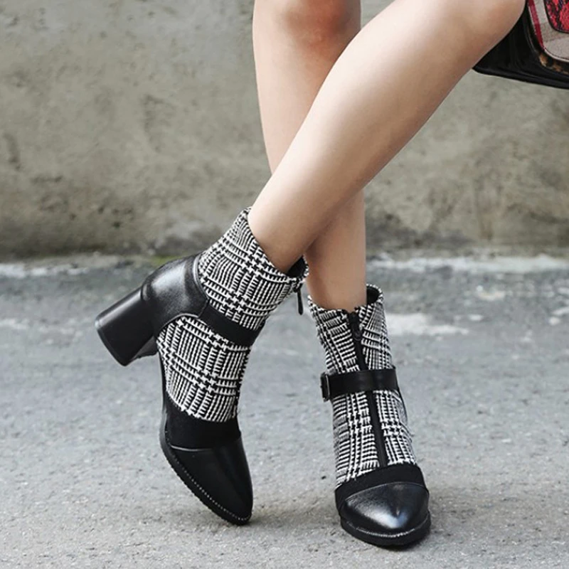 

Tangnest New Ankle Boots High Heels Women Boots Autumn Solid Plain Platform Square Heel Slip On Knitted Warm Shoes Woman XWX6754