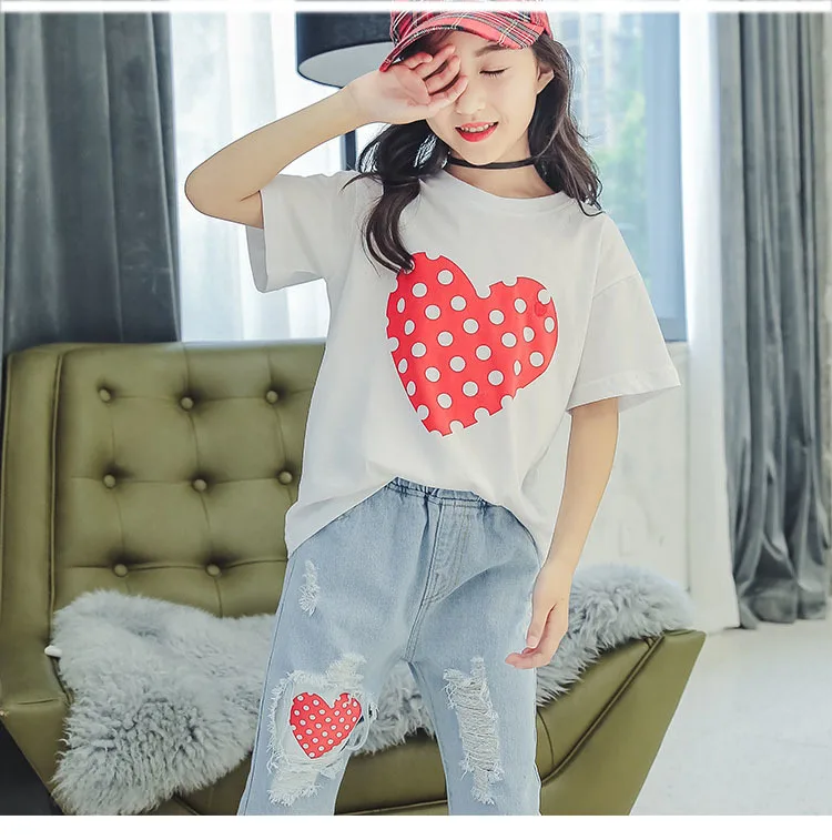 Girls T Shirts Kids  Summer Tops For Baby Girl Short Sleeve Heart Dot Cotton T-Shirt Tees 8 9 10 12 Years Big Girls Clothes (16)