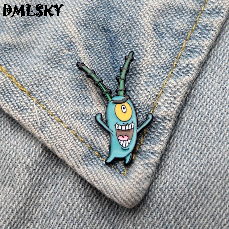 

DMLSKY Cute Plankton Funny Brooch Metal badge Women and Men Enamel Pins Brooch for Clothes Bags Shirt Pin Gifts M3041