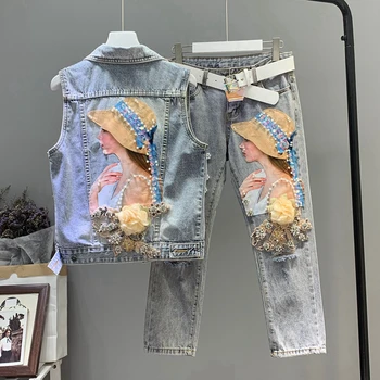 

Summer New Heavy Industry Diamonds Sleeveless Denim Jacket Woman+holes Beaded Jean Womens Jean Suit Two Piece Set Students Suits