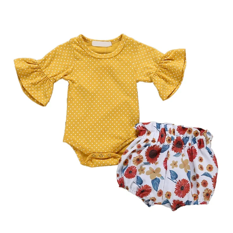 

Summer Baby Girl Casual Flare Sleeve Cotton Dot Print Romper Tops Floral Pattern Briefs Shorts Outfits Set