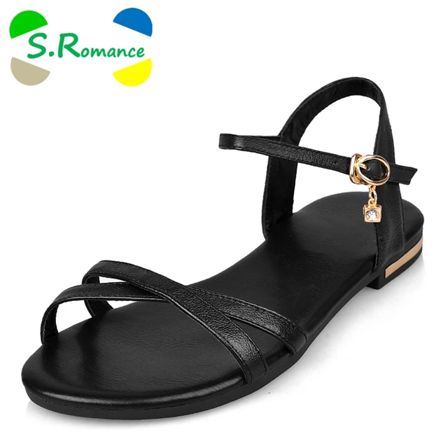 S.Romance Genuine Leather Women Flats Sandals Plus Size 34-43 New Fashion Casual Buckle Strap Woman Shoes Beige Black SS602