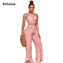 Summer 2 Piece Set Spaghetti Strap Crop Top and Pants Sexy Bodycon Pants Set Clubwear Outfit Wrap Tops Ruffle Wide Leg Pants Summer 2 Piece Set Spaghetti Strap Crop Top and Pants Sexy Bodycon Pants Set Clubwear Outfit Wrap Tops Ruffle Wide Leg Pants