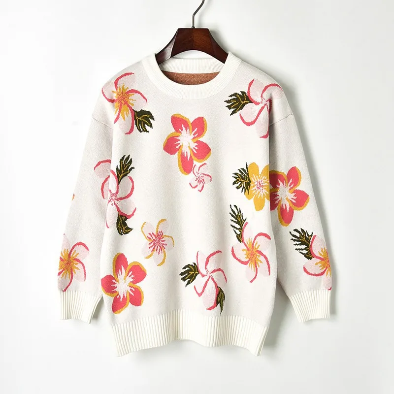 

2018 Women Bauhinia jacquard knit sweater Autumn Floral O-neck Long Sleeve Sweater Female Winter Loose Pullover Fashion Cool