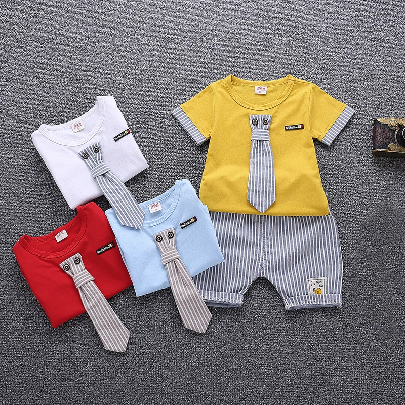 Летние комплекты одежды с бантиком для маленьких мальчиков Высококачественная короткая футболка+ штаны для маленьких джентльменов одежда для маленьких мальчиков повседневная детская одежда DS49