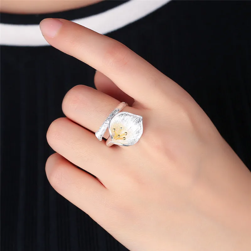 

100% Pure 925 Sterling Silver Lily Floral Ring For Women Vintage Style Flower Open Ring Fashion Jewelry Accessories Best Present