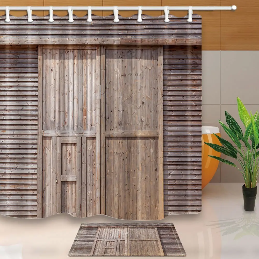 Rustic Antique Wood Bath Curtain, Wooden Barn Door in Farmland Mildew