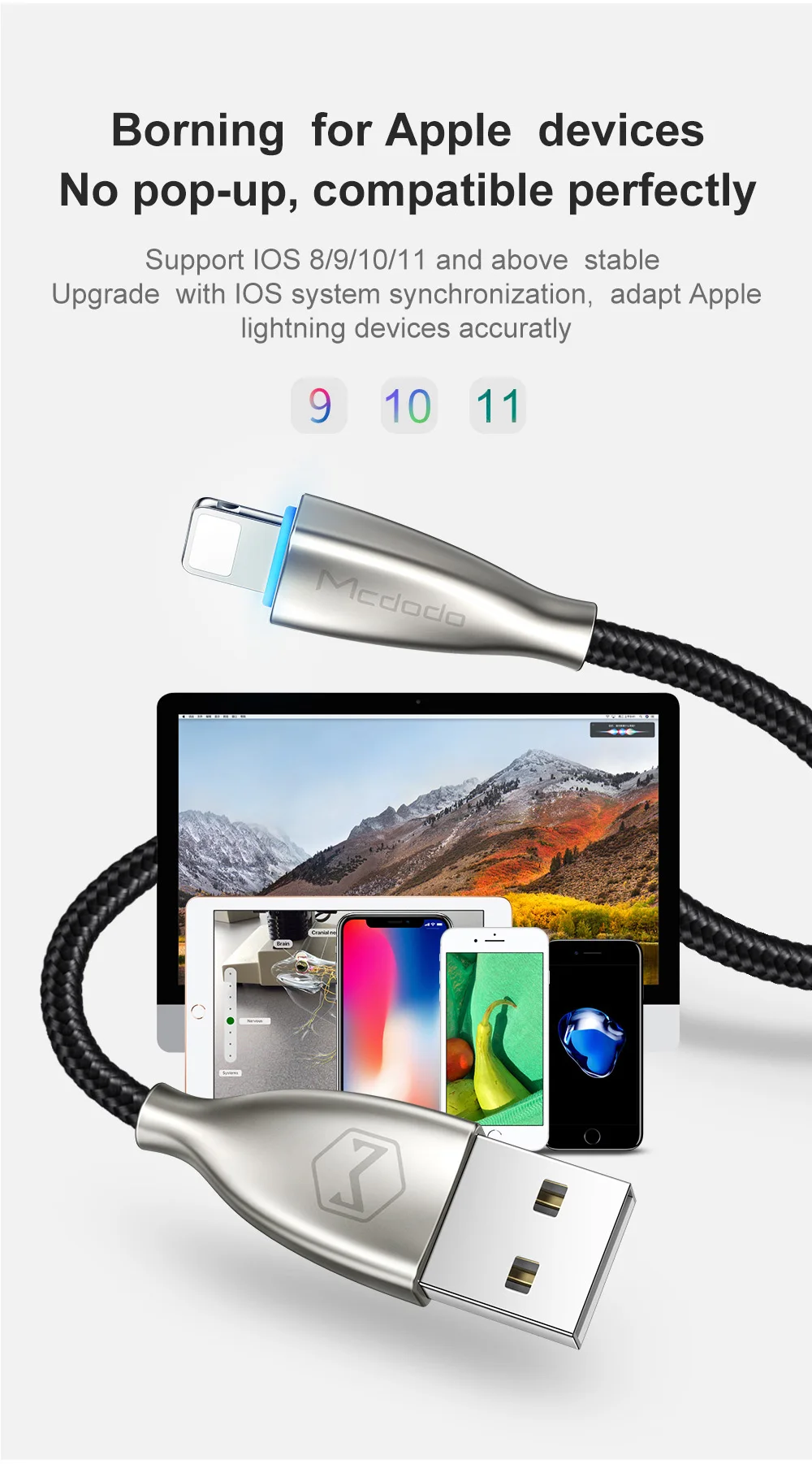 Mcdodo USB кабель светодиодный светильник для iPhone X XR XS Max 8 7 6S iPad mini зарядное устройство USB кабель для передачи данных 2.4A кабель для быстрой зарядки телефонный шнур
