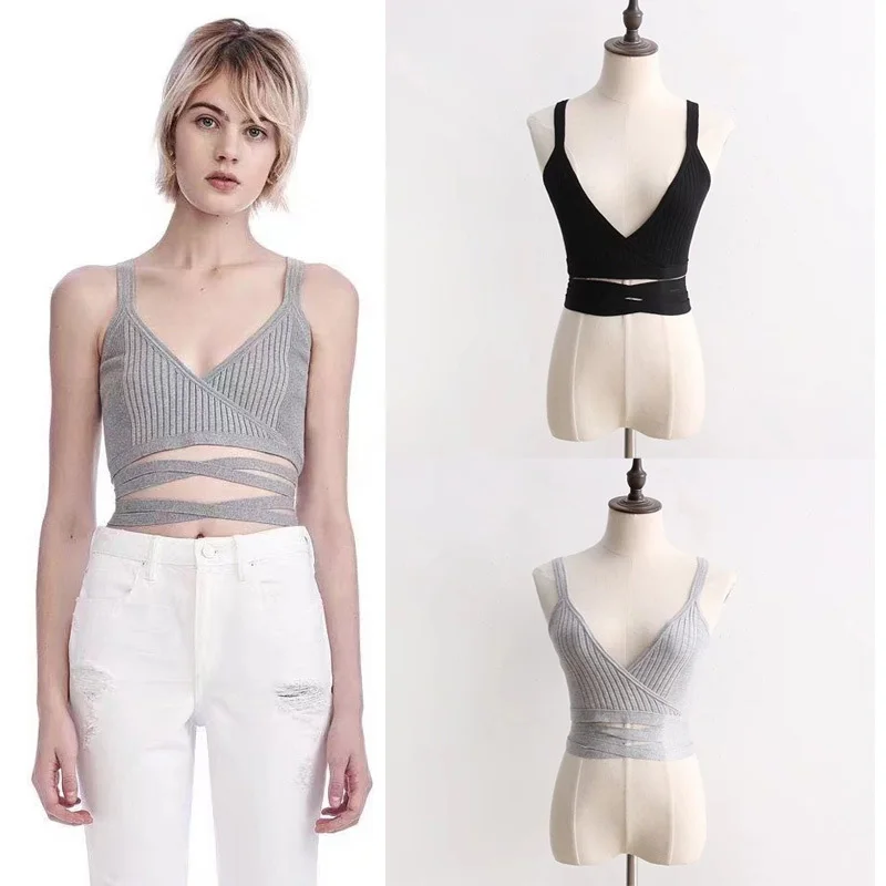 

Schinteon 2019 Summer Knitted Crop Top Bra Bustier Europe and America Camis Tanks Bottoming Shirt High Quality