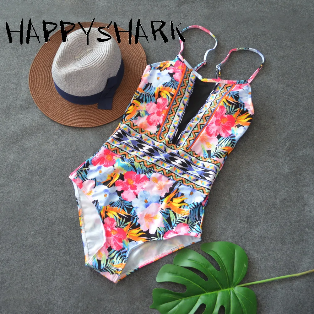 Happy Shark 2018 New Women's Swimsuits Vintage Floral Printed One Piece