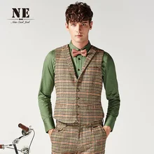 2016 Spring Fashion Men Classic Vest 27% Wool Brand Clothing Casual Khaki Plaid Suit Vests Slim Single Breasted Formal Waistcoat