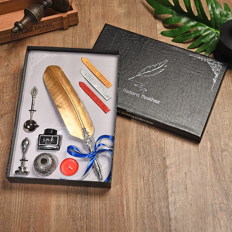 Gold Color Feather Pen Vintage Fountain Pen Gift Box set Student
