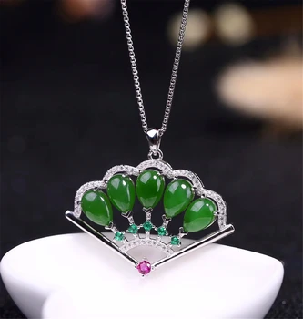 

New S925 Silver Inlay Natural Hetian Jasper Fan Pendant Valentine's Day Gift with Certificate