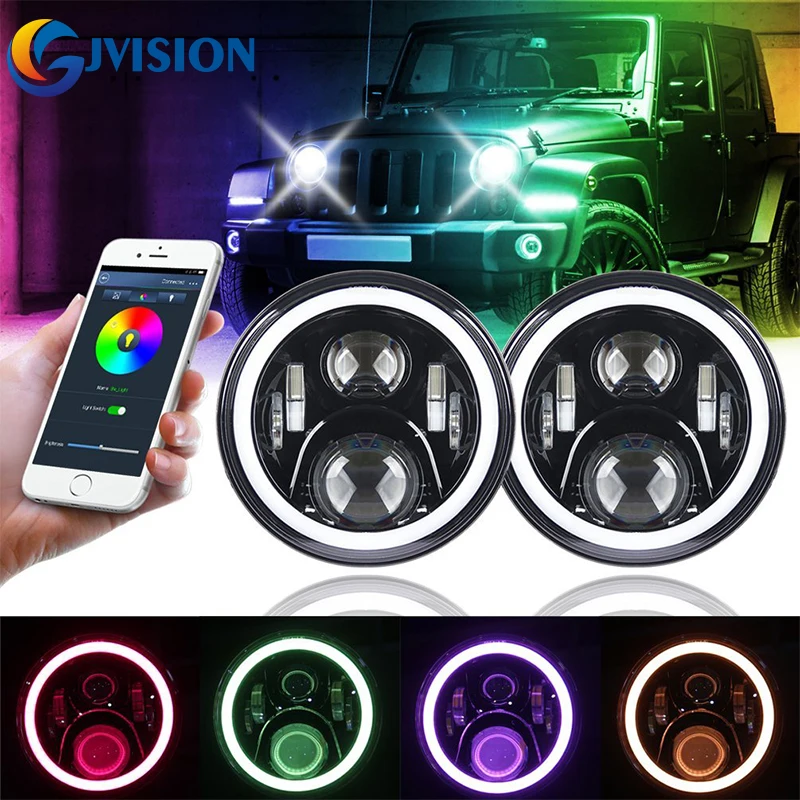 

60W 7 INCH Round led headlight halo Turning signal light RGB Halo ring angel eyes with Bluetooth Remote for Jeep Wrangler JK TJ